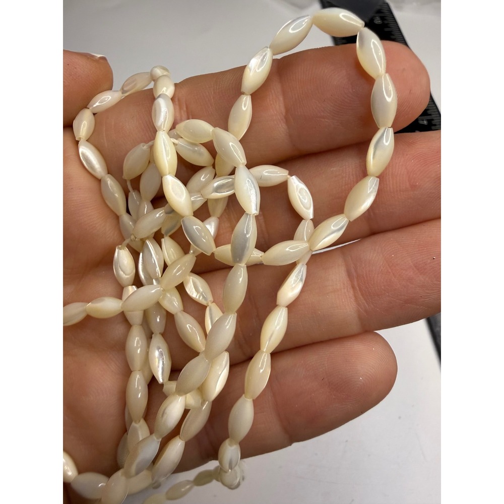 Vintage Mother of Pearl Marquise Rice Bead Long Strand Necklace Cream Iridescent